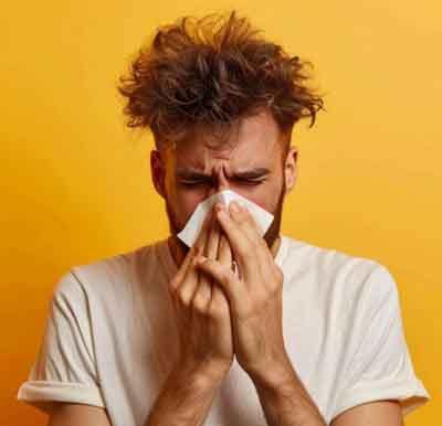 Sneezing man, suffering from nasal congestion